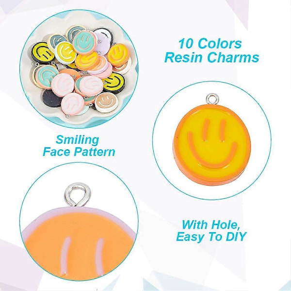 40 stk. 10 farver Resin Smilende Ansigt Charms Uigennemsigtige Emalje Vedhæng Charm Flad Rund Smilende Ansigt Print Charm til Halskæde Armbånd Smykkefremstilling