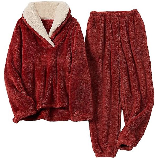 Fleece Pyjamassæt til Kvinder, Blødt Nattøj Varm Sherpa Pullover Bukser Red XXL