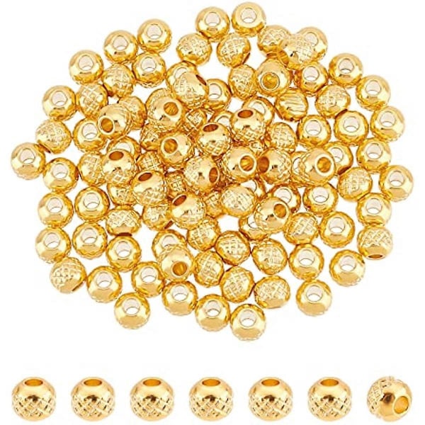 Cirka 100 st Guldrunda Texturerade Distanspärlor 304 Rostfritt Stål Lösa Pärlor Hypoallergena Metallrandiga Pärlor Distans för DIY Armband Halsband Smycke