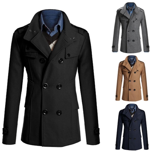 Herre Dobbelspent Vinterjakke Vintage Mote Trenchcoat Ensfarget L Navy Blue