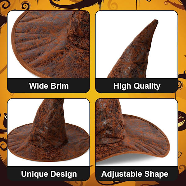 Hatt för häxa, stor Halloween-häxhatt för vuxna, bredbrättad spetshatt, fyndklänning, kostymfest, maskerad, cosplay, accessoarer, huvuddekoration brun