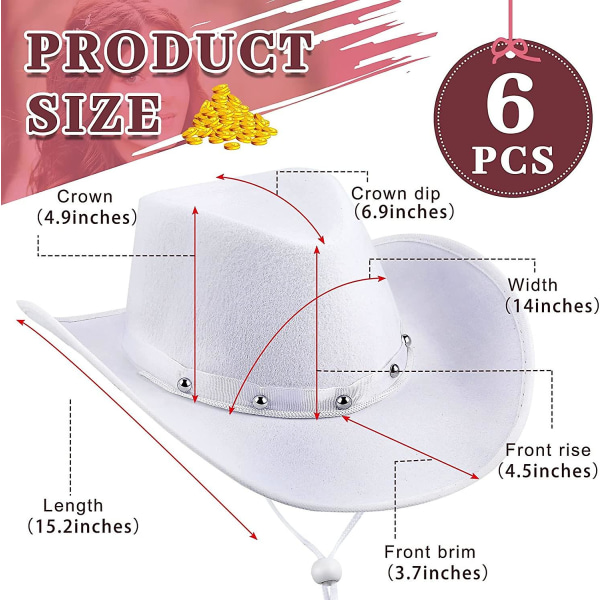 6 Pak Hvide Cowboyhatte Bulk Western Almindelige Cowboyhatte DIY Texan Cowgirl Partyhat Med Justerbar Hals Snøre Til Bryllupsfest Sceneoptræden