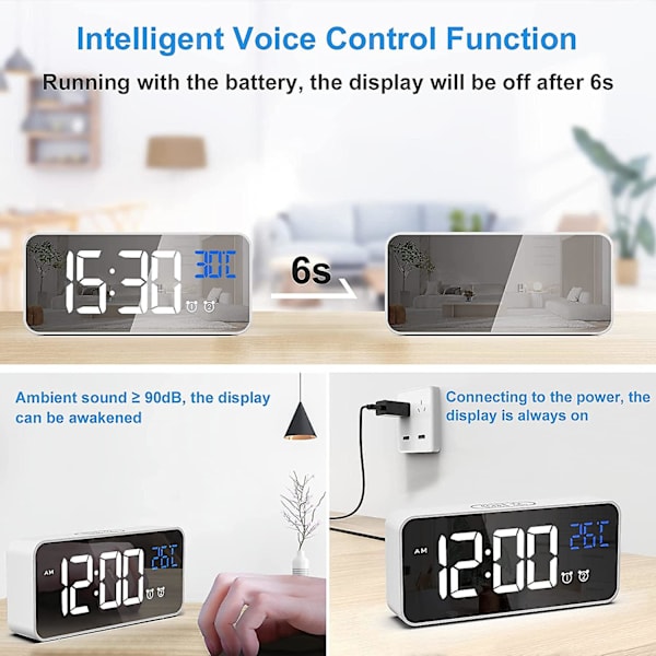 Digital väckarklocka, LED, temperatur/snooze/2 larm/12/24 timmar/USB-laddningsport/16 musik (ren vit)