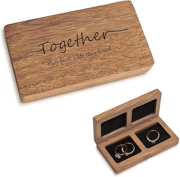 Træ Ringæske til Bryllupsceremoni - Graveret Træ Ringbæreræske Bryllupstilbehør, Dobbelt Ringæsker til To Ringe Etui, Rustik Souvenir Enga