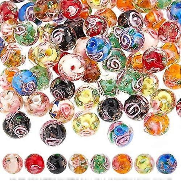 80 st 8mm Guld Sand Lampwork Pärlor Glas Handgjorda Inre Blomma Lösa Pärlor Runda Distans Pärlor för Rosenkranstillverkning Smyckestillverkning med 1,4 mm Hål -