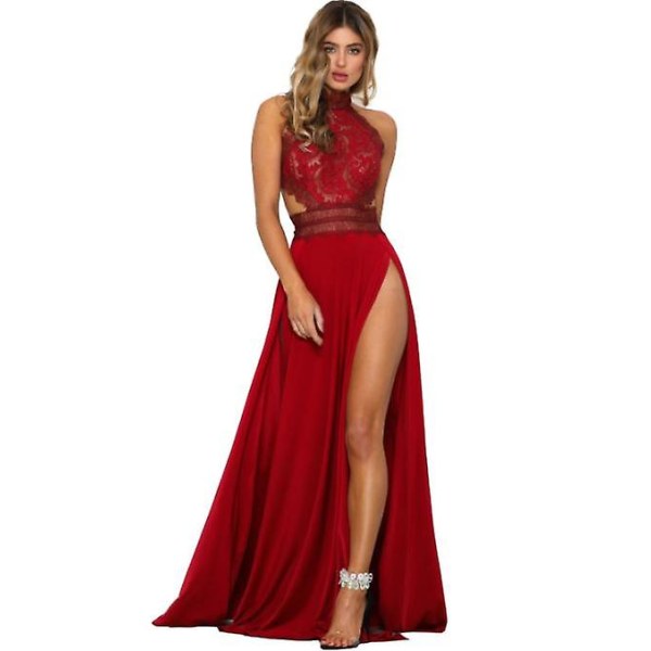 Lång klänning för kvinnor med sexig skir spets för fester och bal red XL