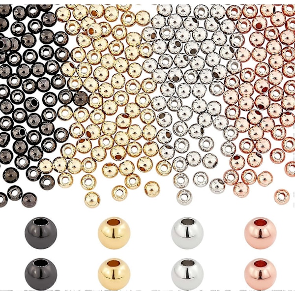 320 st 4 mm Mässing Distanspärlor 4 Färger Runda Metall Långvarig Pläterad Slät Lösa Pärlor för DIY Smyckestillverkning Hål: 1,5 mm