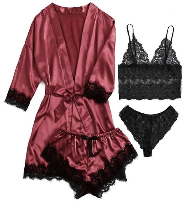 Dam 4-delars pyjamas satin pyjamas set med morgonrock Red S
