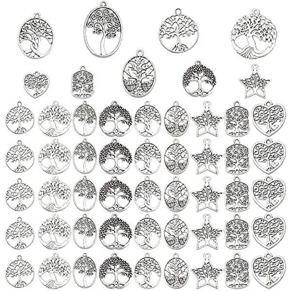 9Styles Livets Træ Charms 54 stk. Plante Charms Tibetansk Legering Charms Vedhæng Lykke Charms Bulk Smykkefremstilling Charms til DIY Halskæde Armbånd Smykker