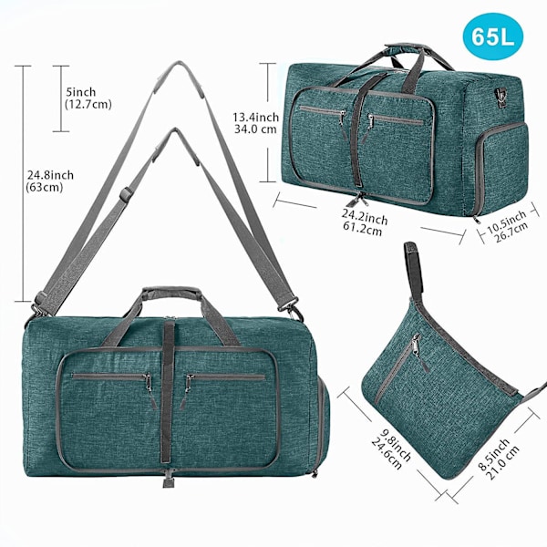 Reise-Dufflebag for menn, 65l sammenleggbar reise-duffelbag med sko-rom nattpose for menn kvinner vanntett og rivebestandig Green