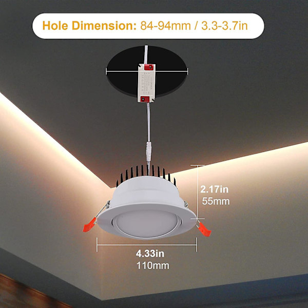 3st 12w LED Infällda Spotlights, 6000k Kallt Vitt Extra Platt, Hål 95mm (Vit)