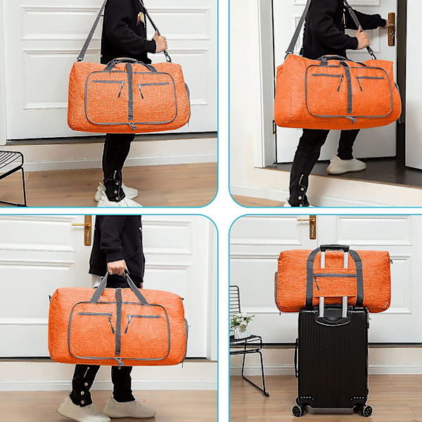 Reise-Dufflebag for menn, 65l sammenleggbar reise-duffelbag med sko-rom nattpose for menn kvinner vanntett og rivebestandig orange