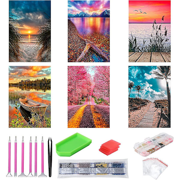 6-pack 5D diamantmålningssatser för barn, gör-det-själv, fullborrade diamantkonstsatser, diamantbroderimålningar för nybörjare, heminredning, 30 x 40 cm (natu