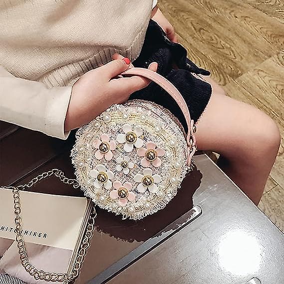 Små flickor småbarn crossbody-väska med pärlblommor mini söta prinsesshandväskor axelkedjeväska