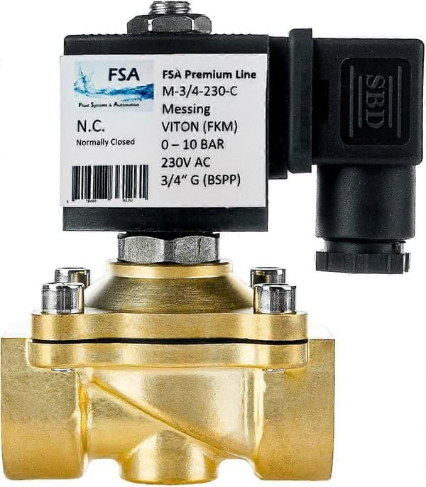 3/4\" messing magnetventil, 230V AC, 0-10 bar, Viton, lukket, ingen strøm