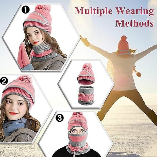 Sjalset för kvinnor, rosa stickad vintermössa med pompom och halsduk med mask, tjock termisk mössa och halsvärmare för tjejer för julklappar och födelsedagspresenter