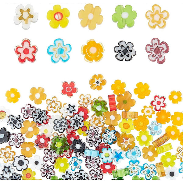 Cirka 120 st Blommiga Handgjorda Millefiori Glaspärlor Lampwork Glaspärlor 10 Färger Blomform Lösa Distanspärlor med 1 mm Hål för DIY Hantverk Smycken