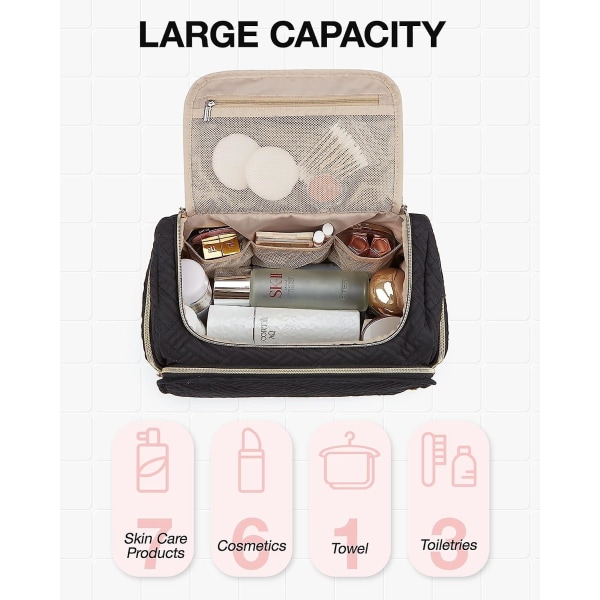 Rese-necessär, stor vidöppen resväska för toalettartiklar, smink-kosmetisk resväska med handtag black Medium