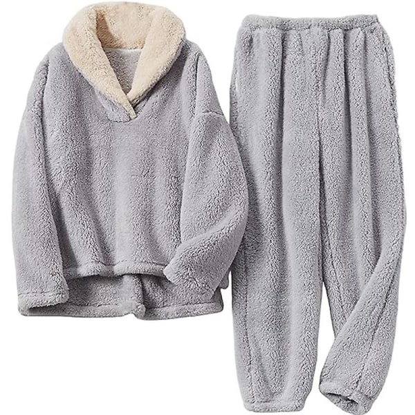 Naisten fleecepyjamat, pehmeät yöasut lämmin sherpa-villapaita ja housut Grey XL