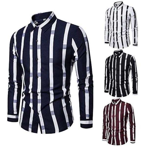 Herr Casual Långärmad Skjorta Knapp Ned Randig Lös Skjorta Navy 4XL