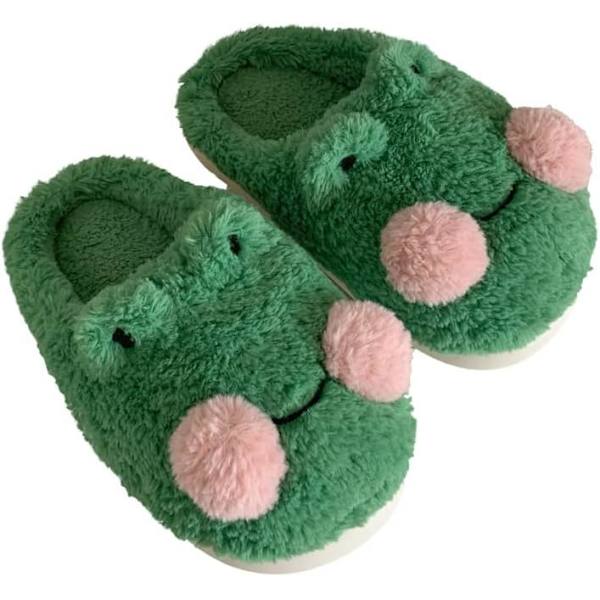 Søte frosketøfler for kvinner Kawaii lodne plysj sovesaltøfler fluffy hus slippers 37