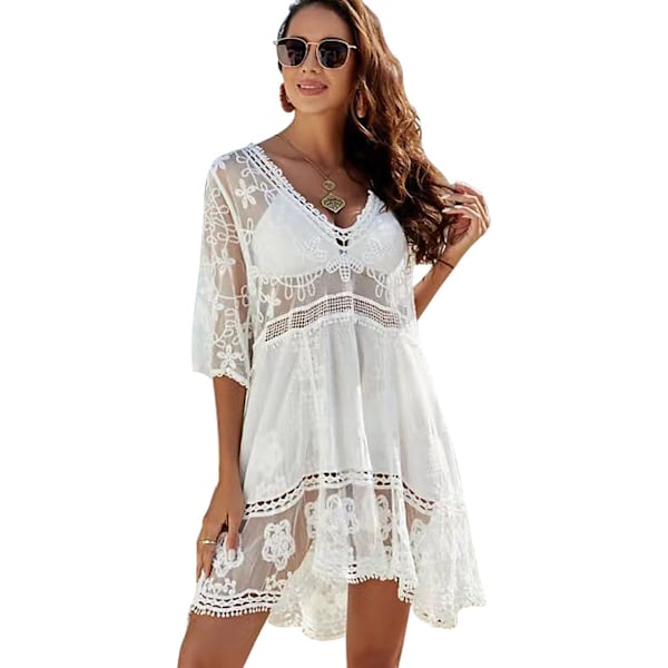 Strandklänning för kvinnor, spets V-ringad baddräkt transparent, strandponcho bikiniöverdrag, elegant sommarklänning för badmode, strandsemester vit