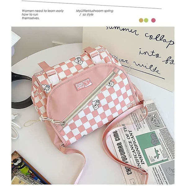 Kawaii Japansk Skolväska Harajuku Rutig Messenger Tote Bag Estetisk Y2k Ita Väska Crossbody Flickor Kawaii Skolmaterial (Rosa, One Size)