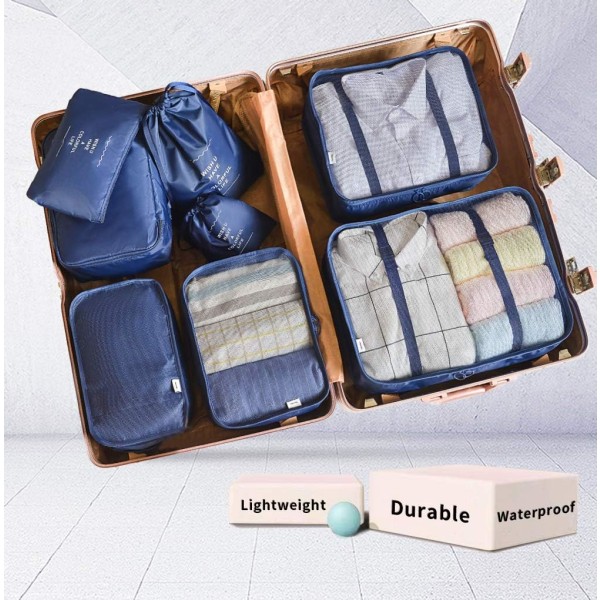 Rejsearrangør, rejseartikler, taske 8 stk., pakkekuber til rejser, vandtæt, polyesteropbevaring, bagage, rejseopbevaringstaske, tøj, kuffert blå