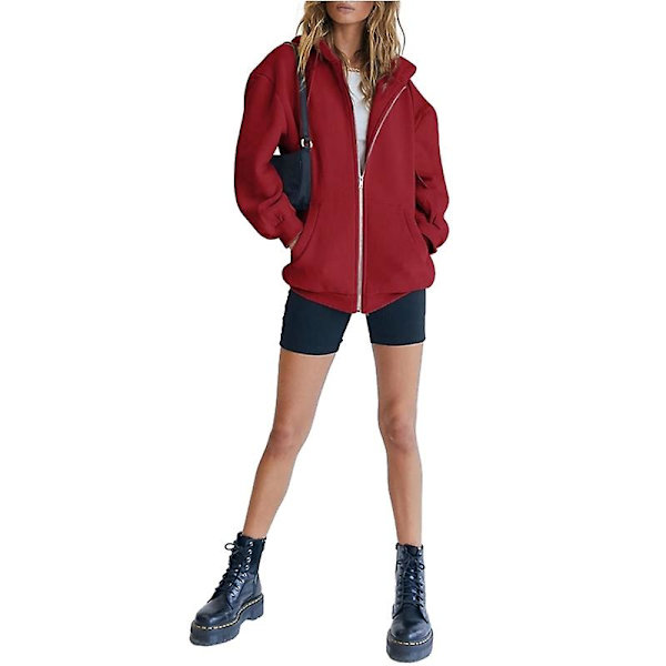 Naisten vetoketjulliset hupparit, hupullinen oversized collegepaita rento takki Red 4XL
