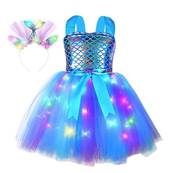 Flickande sjöjungfru kostym LED ljus upp prinsessa Tutu klänning Blue style1-2XL