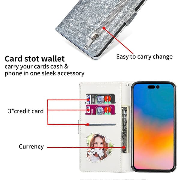 Til iPhone 17 Air Stand Cover Glitter Telefon Lædercover Lynlåslomme - Sølv Silver Multicolor