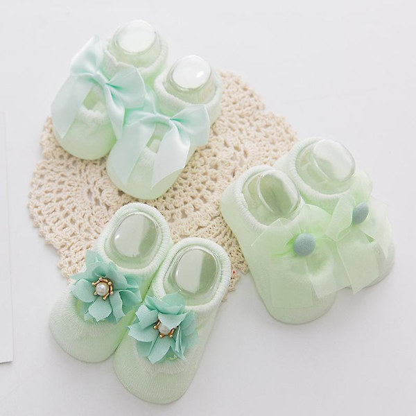 3 par barnsockar tunna ihåliga babysockar bomull barnsockar nyfödda baby toddler strumpor spetsbåge halkfria golvstrumpor Green 24M