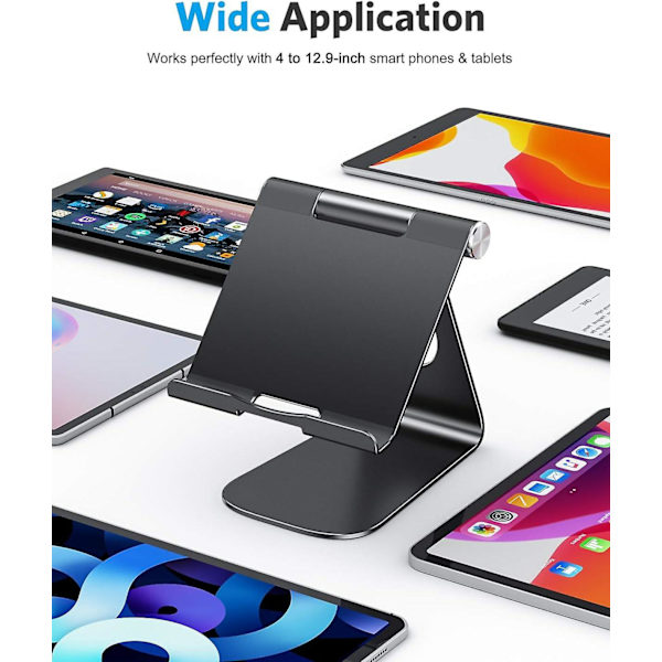 Säädettävä tablettiteline, minimalistinen alumiininen pöytätablettitelakka, yhteensopiva uuden iPad 10.9/10.2 iPad Pro 12.9/11, iPad Air 5/Mini 6 -mallien kanssa, musta