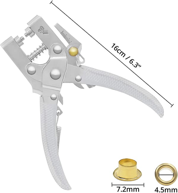 Öglettång med 100 öljetter - 16 cm bältesstans - 7,2 mm guldmetallöljetter