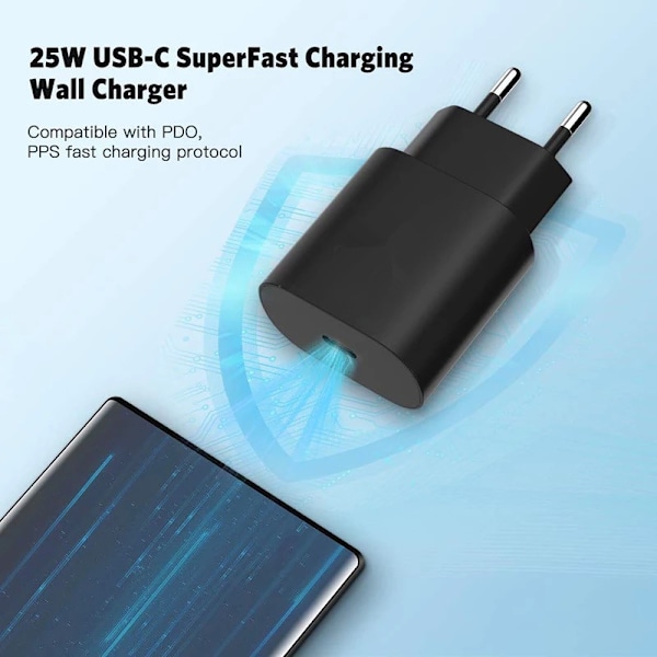 25 W Snabbladdare USB C, Strömförsörjningsladdare, Laddningskontakt USB C Snabbladdaradapter med 2 m Laddningskabel svart