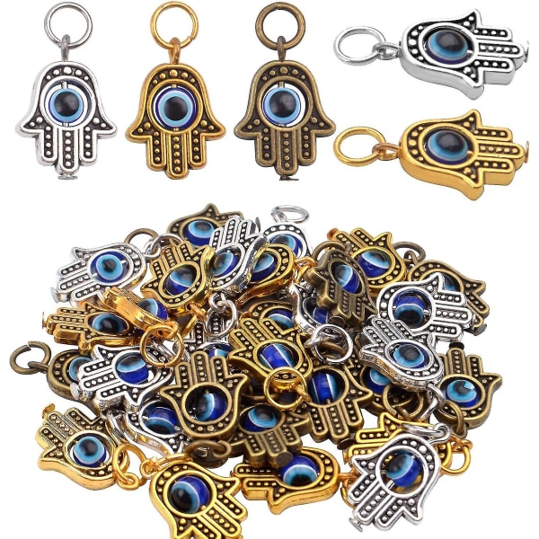 Hamsa Hand Beads Frame Charms, 30 stycken Hamsa Evil Eye Pendant Hand Fatima Symbol Charms Smycken Making Findings (guld silver brons)