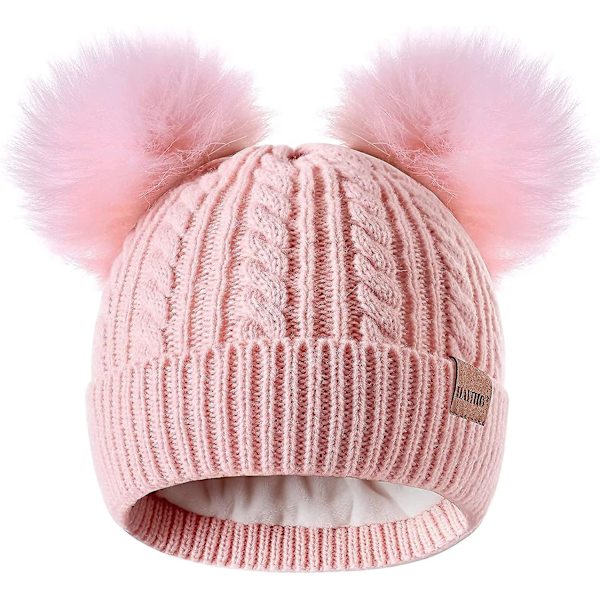 Vinterhue til børn, småbørn, piger, beanie med dobbelt pom pom, varm fleeceforet, pigetilbehør, strikkede beanies hue