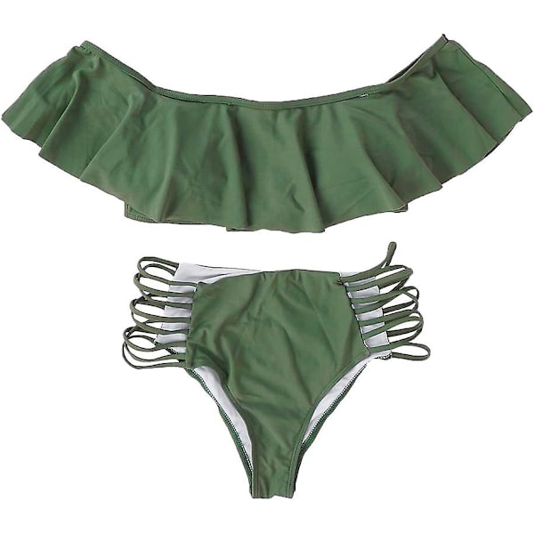 Naisten röyhelöinen olkaimeton seksikäs uimapuku kaksiosainen bikini Green L