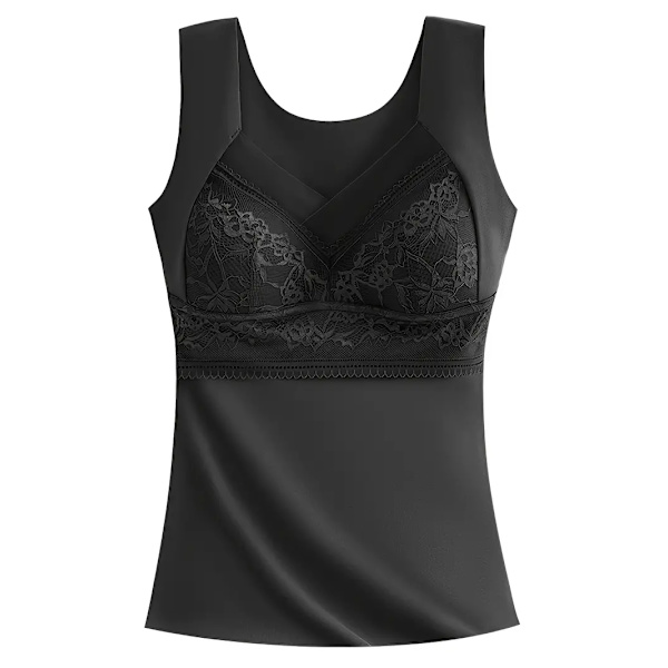 Spetsbroderad termisk underkläder, mjuk V-ringad ärmlös topp, damunderkläder & sovkläder black 2XL