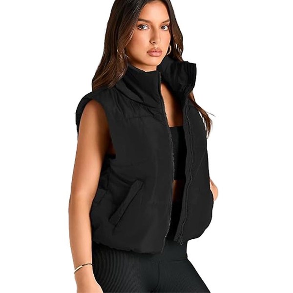 Puffer Vest Dame Ærmeløs Vinter Cropped Stand-up Krave Dunjakke Black S
