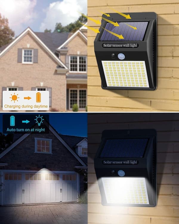 5 Pakke solcellelamper utendørs, 3 moduser utendørslys bevegelsessensor 100 LED vanntett