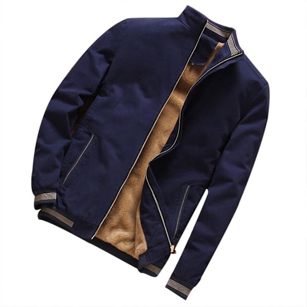 Herre Tyk Fleeceforet Vinterjakke Ståkrave Lynlås Lukning Kort Frakke 3XL Dark Blue
