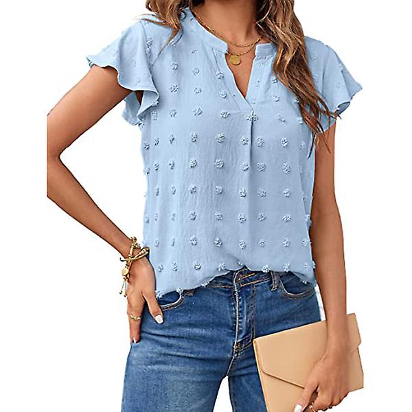 Dame Sommer V-hals T-shirt, Flæse Kortærmet Top Blue M