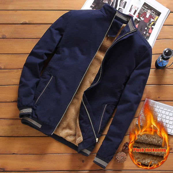 Herre Tyk Fleeceforet Vinterjakke Ståkrave Lynlås Lukning Kort Frakke 4XL Dark Blue