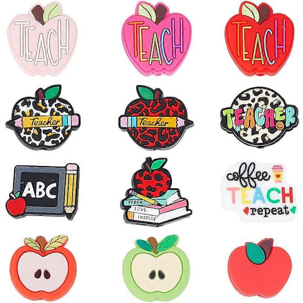 12 stk. 12 stiler Apple Silikon Focal Beads Fargerike Flate Teach Silikon Gummiperler Løse Spacerperler for Perlepenn Kaychain Halskjeder Smykker Mak