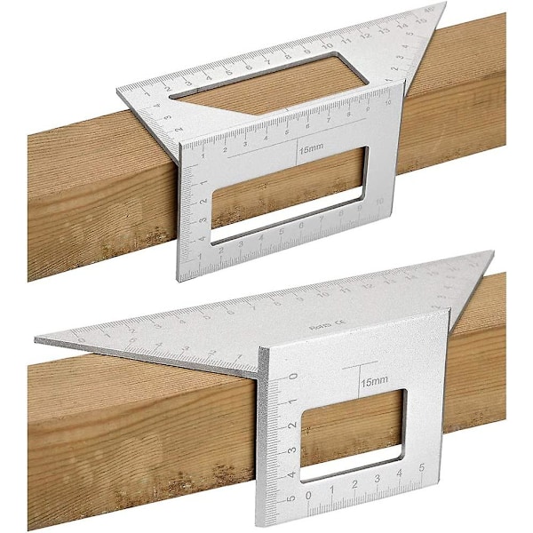 2 Sadels Layout Vinkelmåler til Træbearbejdning, 45/45 Grader - 90/45 Grader Vinkel Layout Geringsvinkel Måling T Lineal, Aluminiumlegering (Sølv)
