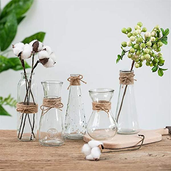 Pakke med 5 klare glasvaser, blomstervaser i glas med rebdesign i forskellige unikke former, blomstervase som midtpunkt til bryllupsreception og brudefest 1 Set Stil B