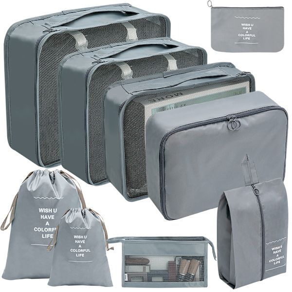 9 Set Packningskuber Resväskor Packningsorganisatörer För Reseaccessoarer grey