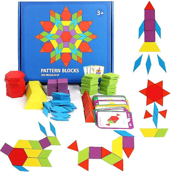 155 Træmønster Byggeklodser Sæt, Geometrisk Form Puslespil Børnehave Tangram Legetøj, Egnet Til Børn I Alderen 4-8, Inklusive 24 Designkort