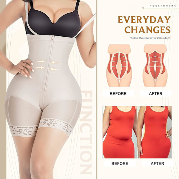 Feelingirl Shapewear för kvinnor, magkontroll Shapewear Body Fajas, helkroppsshaper för damer Shapewear Body med dragkedja i grenen, krok och dragkedja M